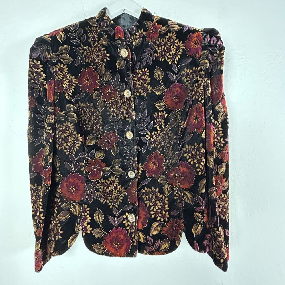 Vintage Another Thyme Womens Floral Velvet Blazer Large Botanical Puff Sleeve